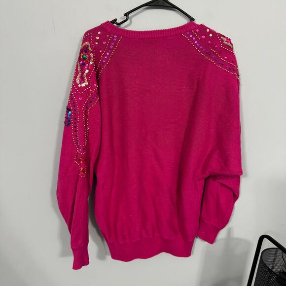 Vintage Diana Marco Deep Pink Beaded Sequin Pullover Sweater Womens Plus Size 22 - Picture 2 of 7